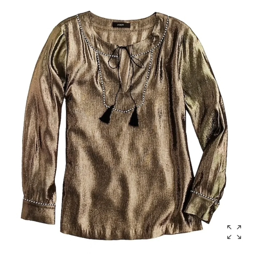 J. CREW Metallic Gold Silk Tunic Tassel Blouse Top 4